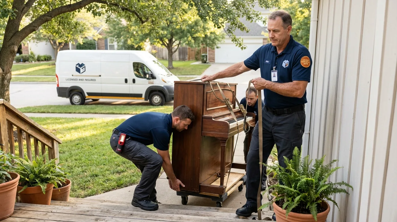 Licensed piano movers securing grand piano in West Rutland, VT