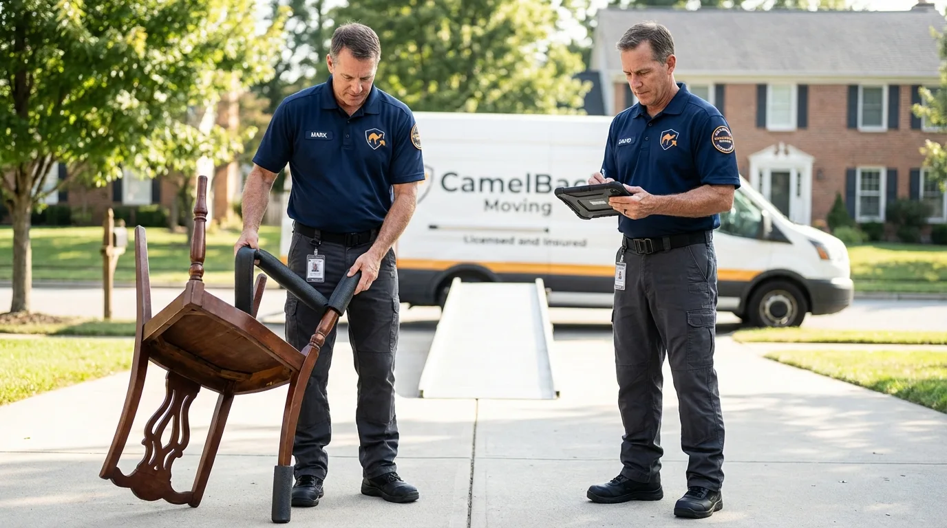 Movers inspecting furniture for damage prevention before loading in West Rutland, VT