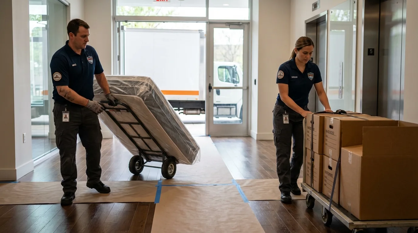 Professional apartment movers loading elevator in West Rutland, VT