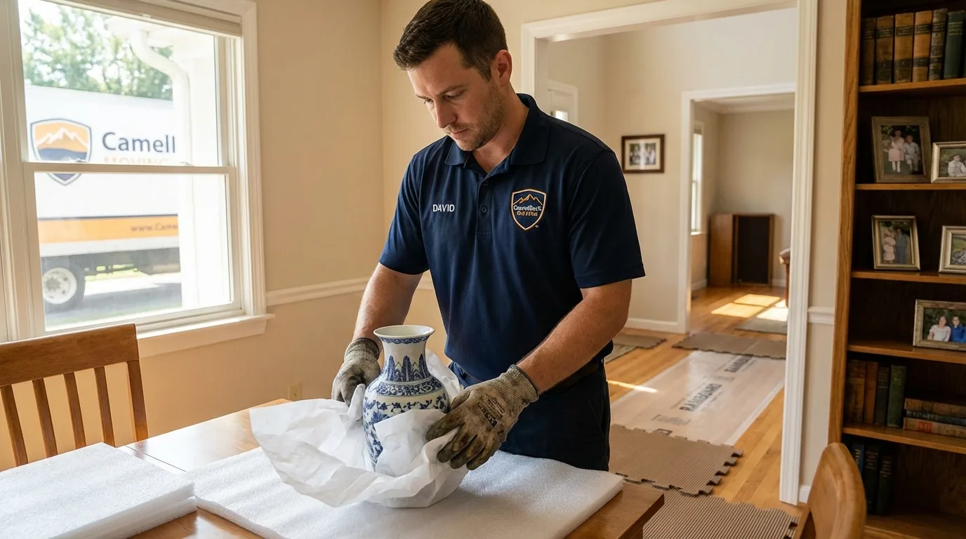 Professional crew carefully wrapping antique vase for senior downsizing move in West Rutland, VT
