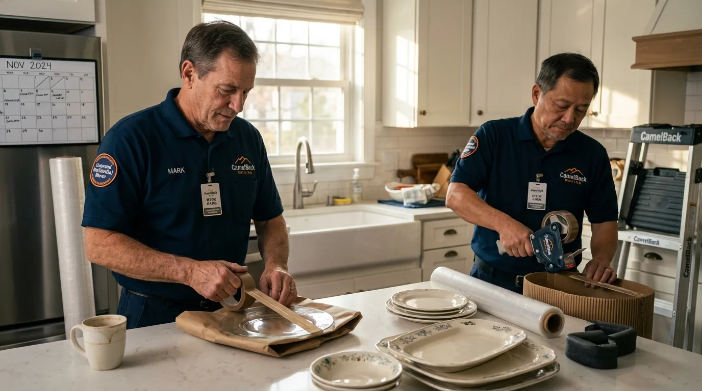 Professional crew packing kitchen dishware in West Rutland, VT